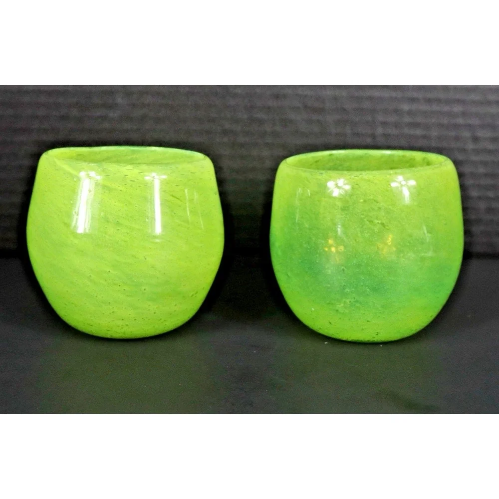 Lime Green Hand Blown Glass Tumblers W Controlled Bubbles - EUC Crate & Barrel C